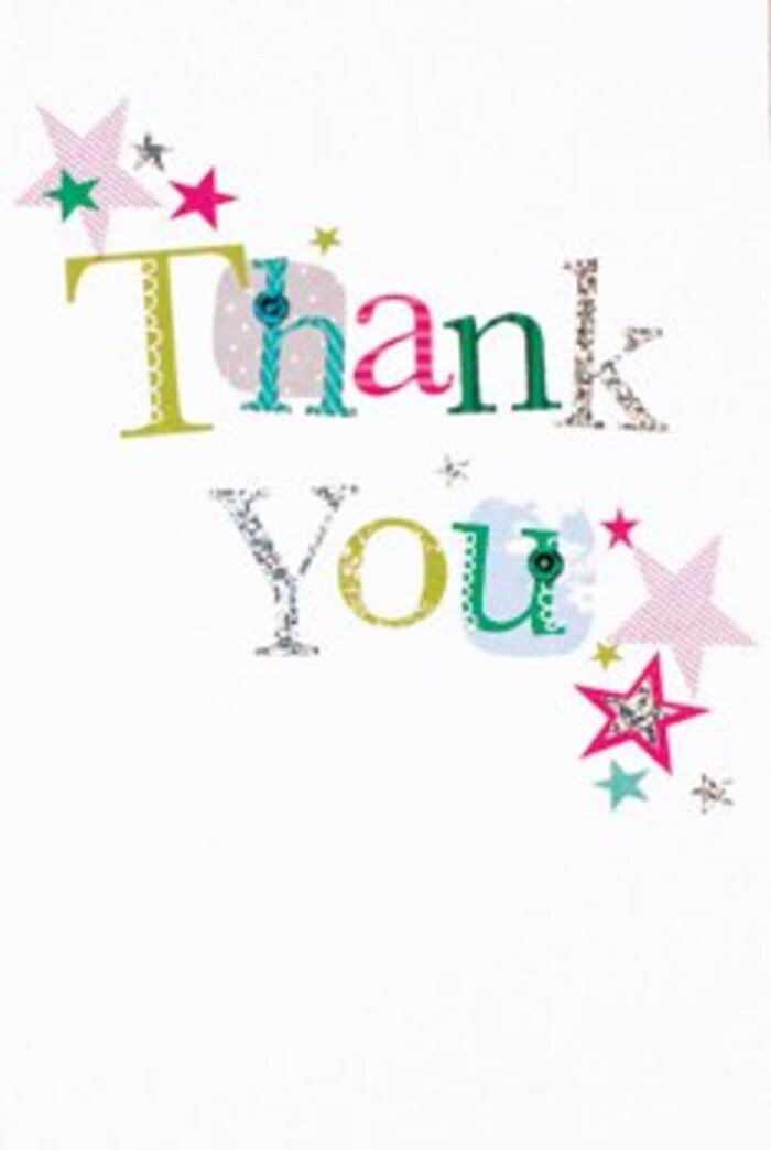There's a refined exuberance in this thank you card, each letter thoughtfully arranged across a spotless backdrop reminiscent of the open spaces around Chase Cross. The lettering, with whimsical spots, flowing curves, and a hint of musical elegance, radiates personality-lime green, cheery fuchsia, serene blue, and subtle silver shimmer enliven the design. Surrounding the warm message, clusters of vibrant stars glimmer-some striped in candy pink, others glowing in turquoise or dulled silver-like a gentle blessing scattered across the card in the easy harmony of a Chase Cross morning. The composition is airy and modern, with just the right amount of celebratory stardust animating the white canvas. This aesthetic feels neither too bold nor reserved, embodying the same understated sophistication found in the welcoming corners of our neighbourhood cafés. It's easy to imagine pairing this card with a seasonal flower arrangement from Chase Cross Flowers, the heartfelt sentiment delivering thanks as genuine as the smiles exchanged along Lower Bedfords Road. The mood is quietly uplifting, making this card an ideal gesture for commemorating acts of kindness, big or small.