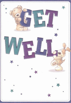 Radiating comfort and cheer, this illustrated get well card is ideally suited to anyone in Chase Cross who could use a heartfelt lift. Dominating the scene are two endearing friends-a fuzzy teddy perching atop a bold 'GET', and a lively pup nuzzling up against the sturdy 'WELL' below, both exuding infectious optimism. Their rounded forms and soft fur are depicted with such care that you can almost sense the plushness beneath your fingertips, much like the tactile joy of fresh blooms picked from a Chase Cross florist's bench. The rich hues of purple and teal in the lettering stand out confidently against a crisp, white background, creating a striking clarity akin to a newly opened shopfront on Clockhouse Lane. Scattered starbursts, painted in sapphire and violet, merrily decorate the card, evoking the magic of shared good wishes and possibility. It's the sort of card that feels carefully crafted for the local spirit, echoing the thoughtful artistry behind every arrangement at Chase Cross Flowers. Every element, from the innocence in the animals' bright eyes to the uplifting sweep of the letterforms, weaves together a gesture that reassures and brings a gentle smile-sending hope and heartfelt encouragement to friends or family in Chase Cross recovering or needing a boost.